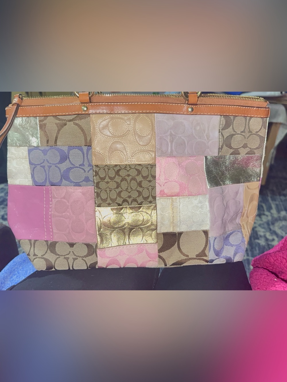 Coach Multicolor Patchwork Signature Tote with Metallic Gold Panels AUTHENTIC